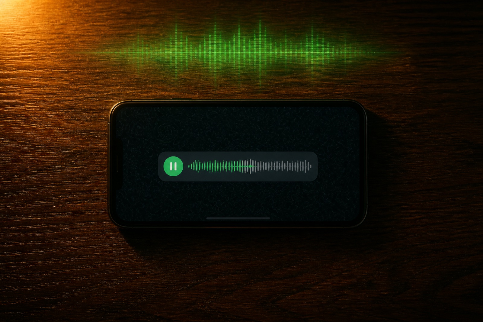 Una escena suave y cinematográfica de un teléfono sobre una mesa de madera que muestra una burbuja de voz de Telegram reproduciéndose, con una forma de onda verde tenue sobre la pantalla