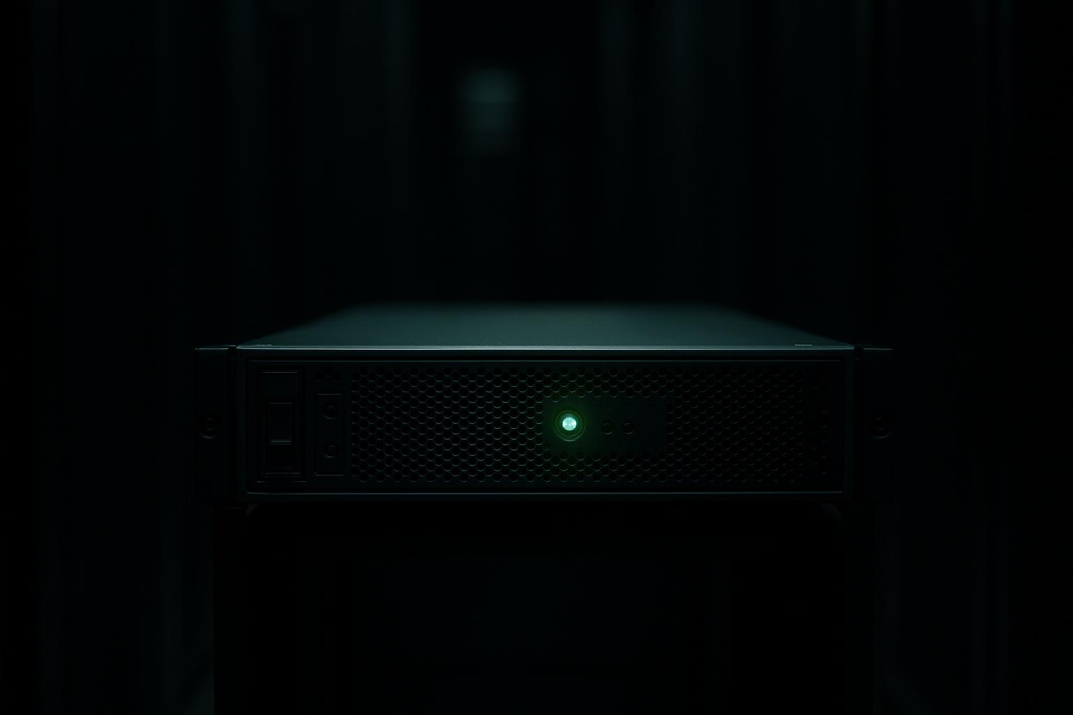Foto realista de um rack de servidores com uma única unidade iluminada, sugerindo um listener de caixa de entrada silencioso e sempre ativo