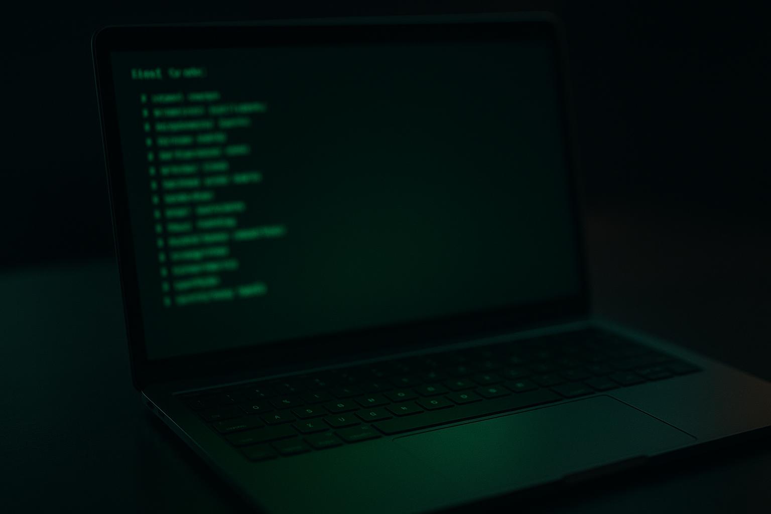 Primer plano fotorrealista de una pantalla de portátil mostrando la salida en terminal de un servidor MCP listando las herramientas disponibles, con iluminación verde acentuada