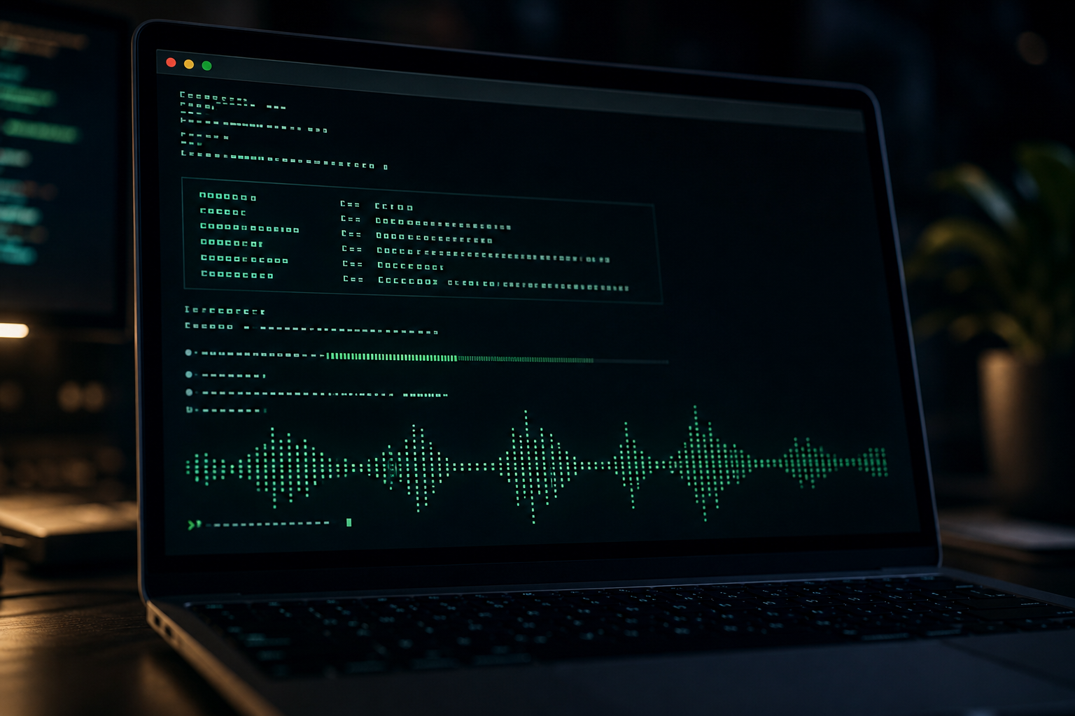 A terminal showing NeuTTS local inference running with a real-time audio waveform output alongside the model stats