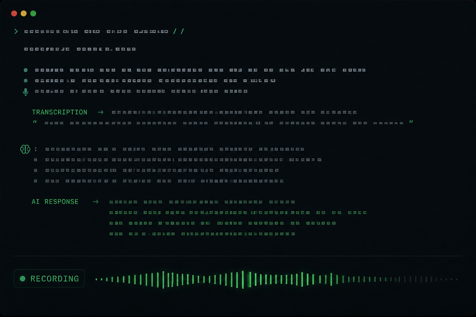 A terminal showing a Hermes Agent CLI session with voice mode active, a recording indicator at the bottom, and a transcribed response above it