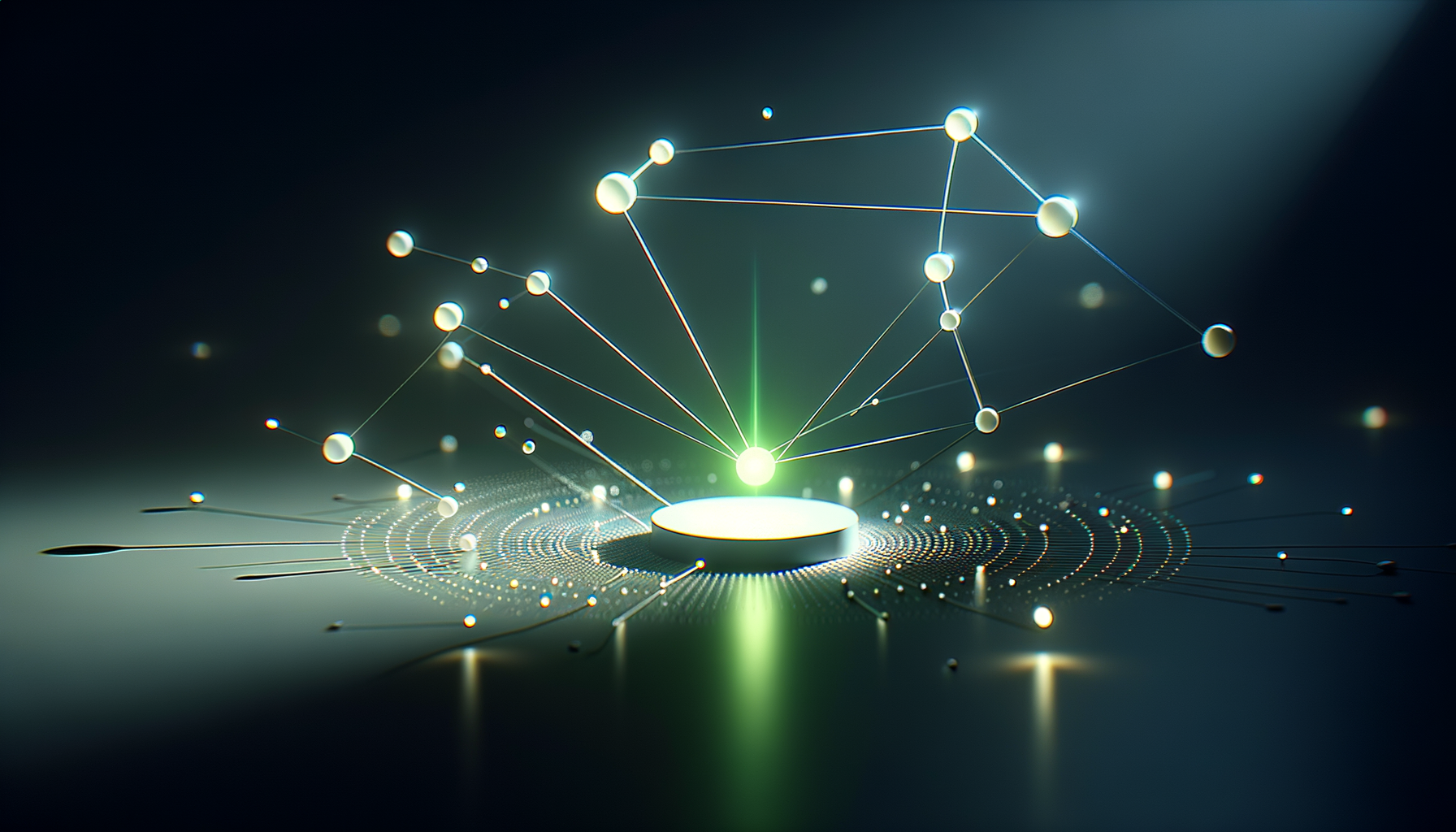 Single glowing green AI agent on the right exchanging structured data with a small cluster of role-labeled agents on the left, dark ambient background
