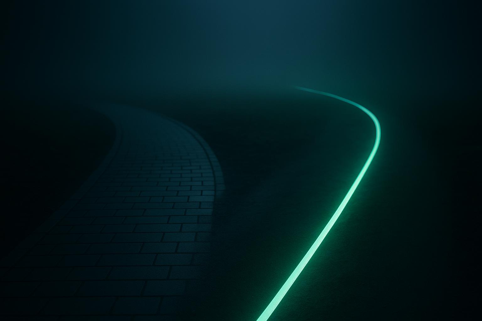 Scène sombre et photoréaliste de deux chemins distincts qui divergent sur un sol brumeux, l'un pavé de dalles soigneusement disposées et l'autre déjà éclairé d'une ligne verte continue, suggérant une voie de construction face à une voie prête à l'emploi