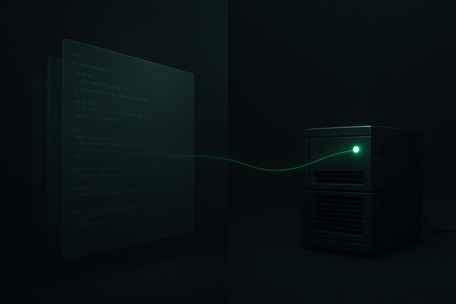 Open-source code repository on the left feeding a stateful AI agent process running on a self-hosted server on the right, dark background with green accents