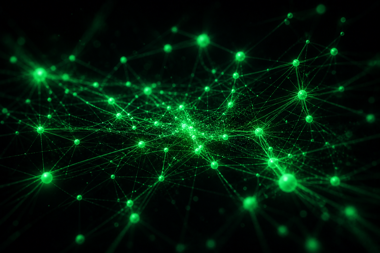 Grafo de nodos verde brillante sobre fondo oscuro que visualiza las conexiones de memoria persistente del agente de IA