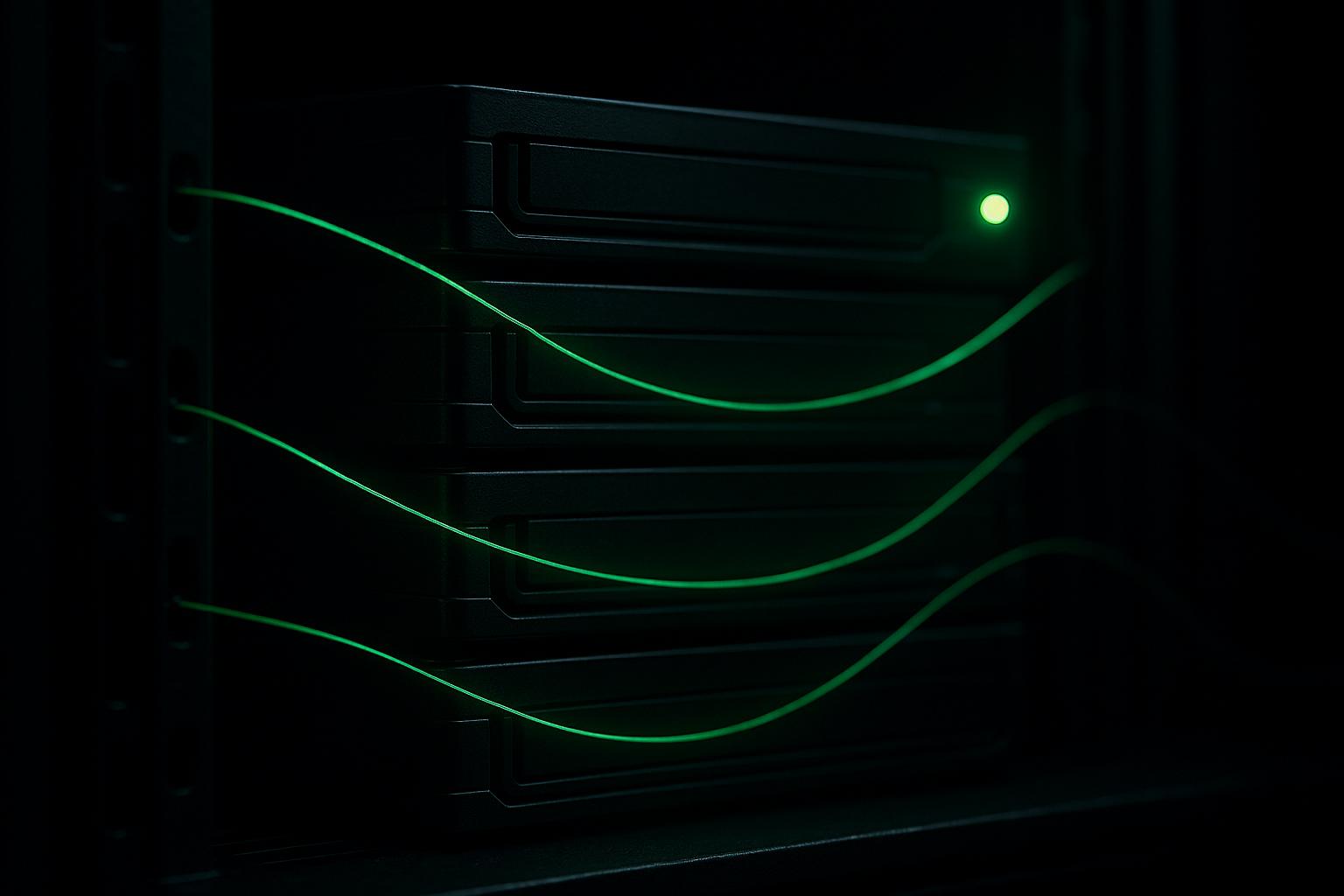 Photo cinématique sombre de disques de stockage empilés avec de fines lignes vertes lumineuses de données qui les relient, suggérant un coût mesuré au stockage et à l'appel