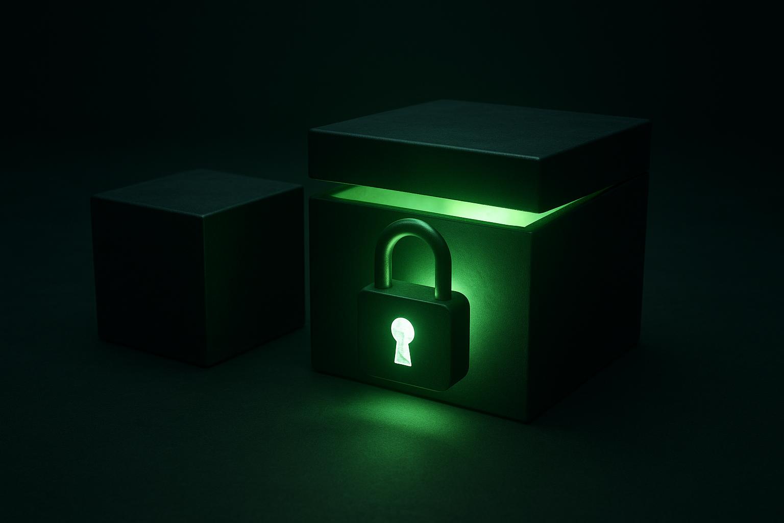 Scène photoréaliste sombre d'un cadenas vert lumineux s'ouvrant d'un cube noir fermé pendant qu'un cube plus petit reste scellé, suggérant un runtime self-hosted ouvert face à un runtime managé fermé