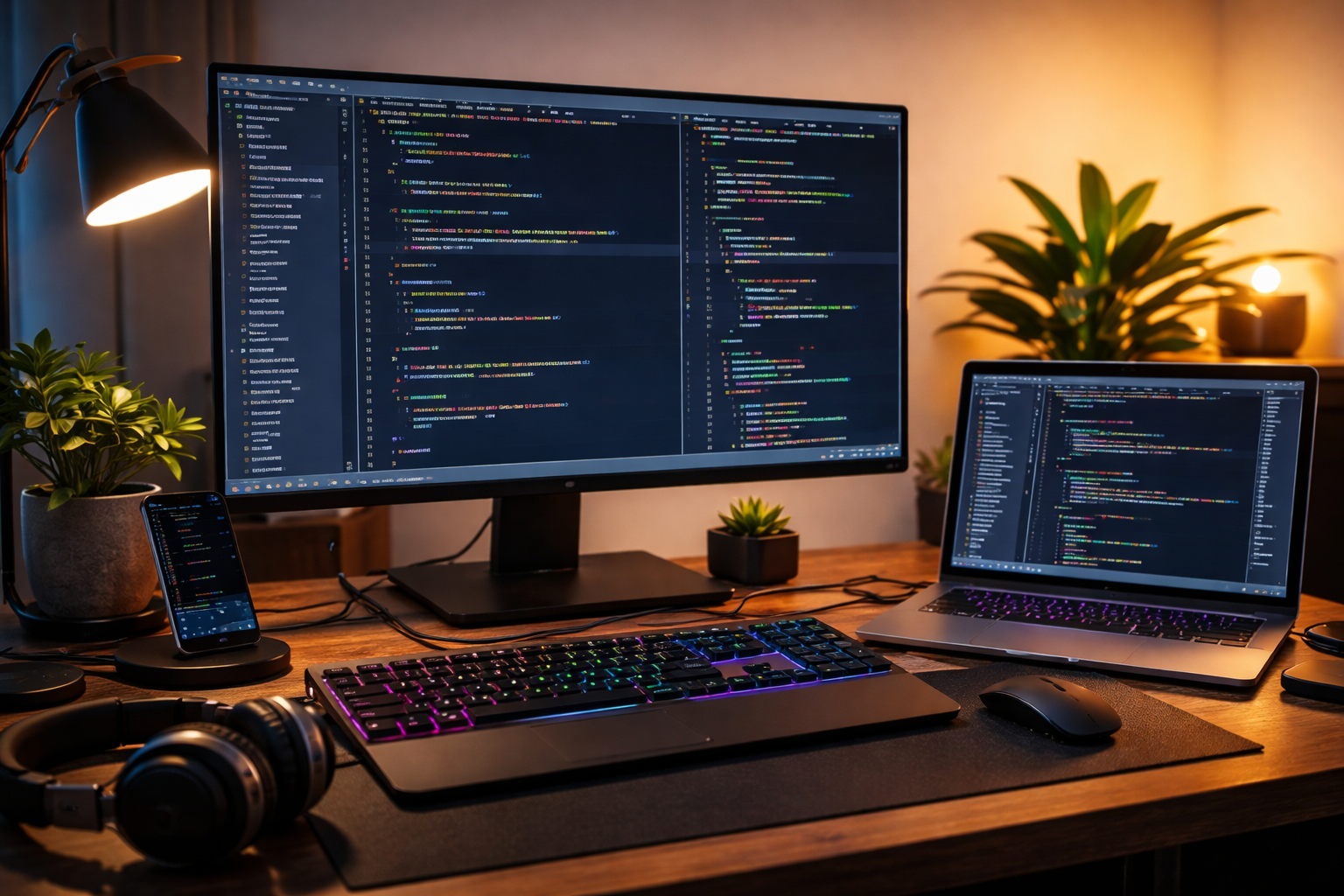 A developer workspace with multiple screens and tools open