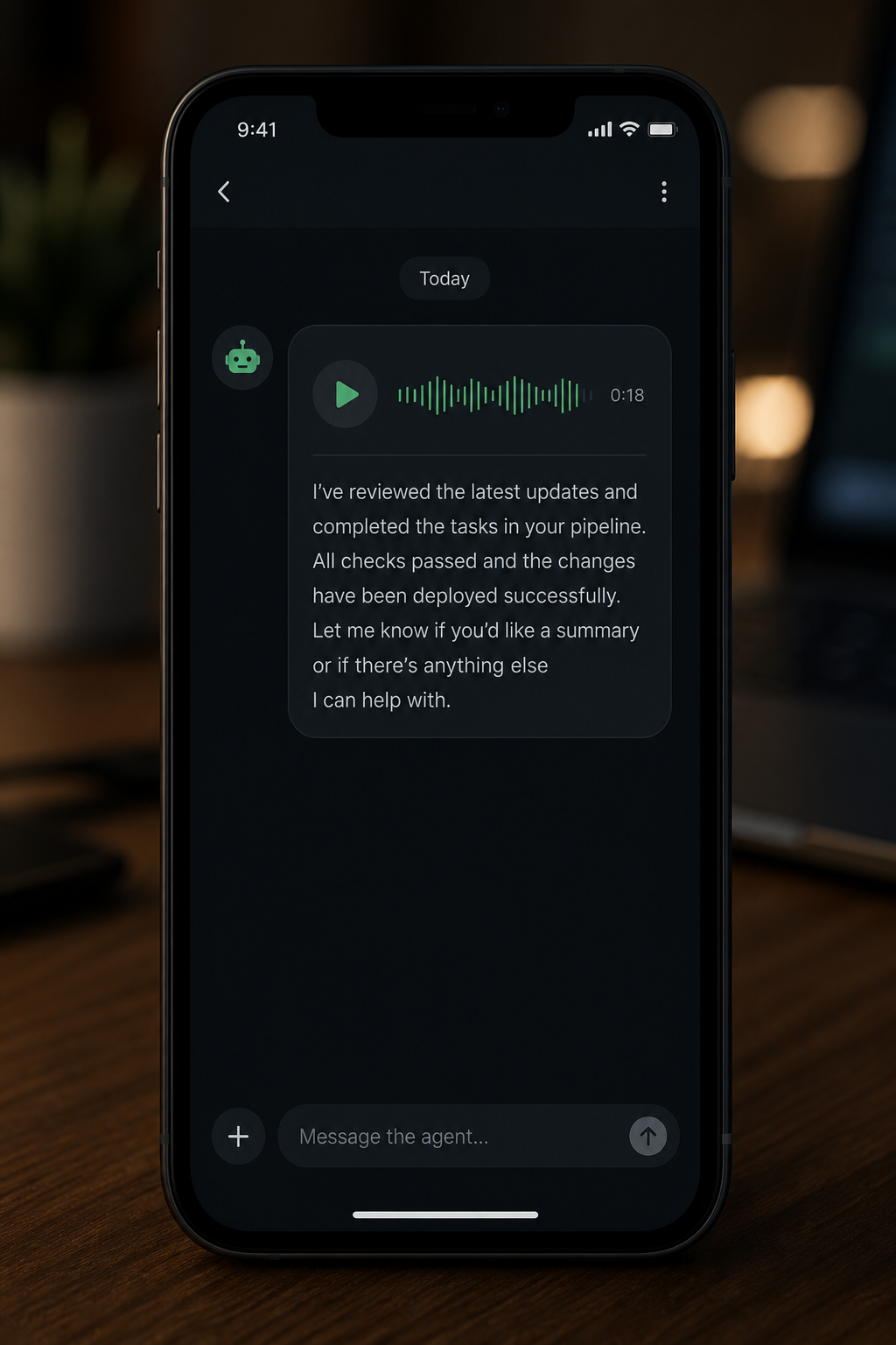 Telegram chat showing a morning briefing voice message from a Hermes agent bot with a transcript visible below it