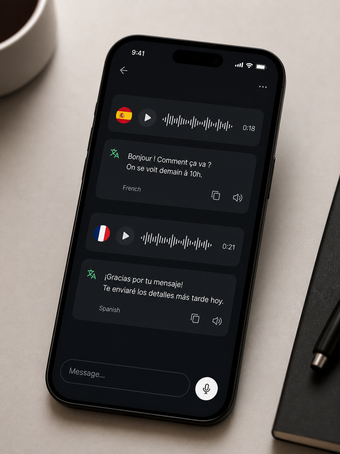 A phone with Telegram open showing voice messages in two languages with transcriptions displayed below each audio bubble