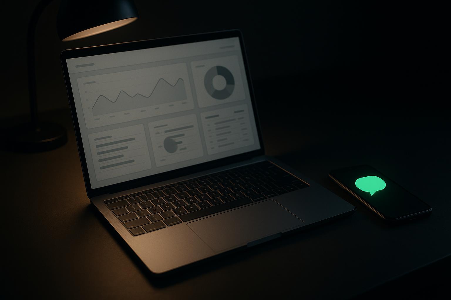Un ordinateur portable avec un tableau de bord épuré et un téléphone affichant Telegram