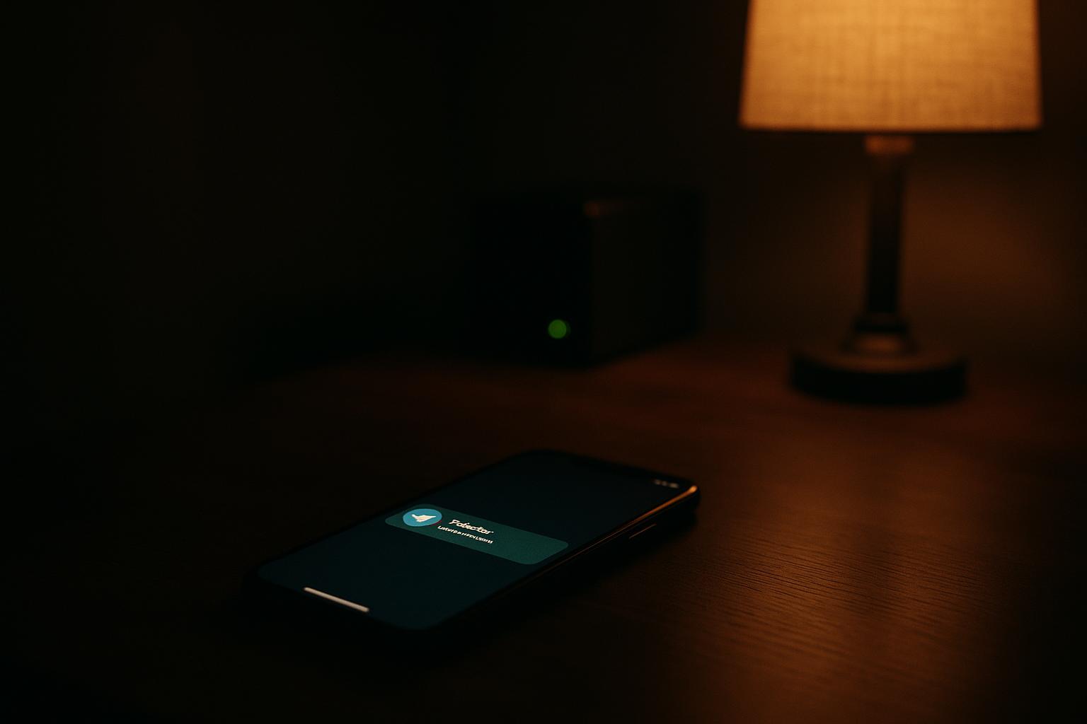 Mesa de oficina en casa, oscura y fotorrealista, con un móvil mostrando una notificación de Telegram en verde y el LED de un pequeño servidor encendido al fondo