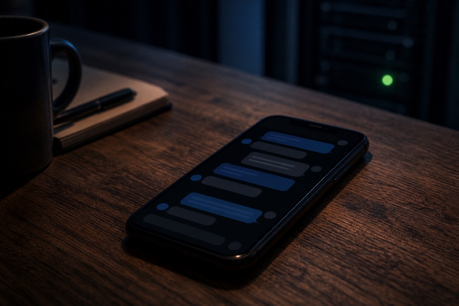 Plan cinématographique sombre d'un téléphone sur un bureau en bois montrant une conversation Telegram avec un agent d'IA, lueur verte douce d'une LED de serveur en arrière-plan, suggérant une automatisation nocturne sereine