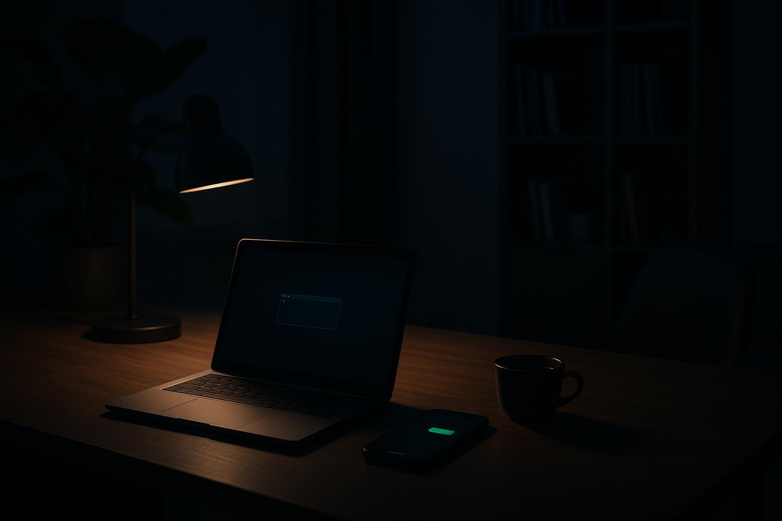 A clean dark workspace at night with a laptop showing terminal output and a phone displaying a green message bubble from a self-hosted AI agent