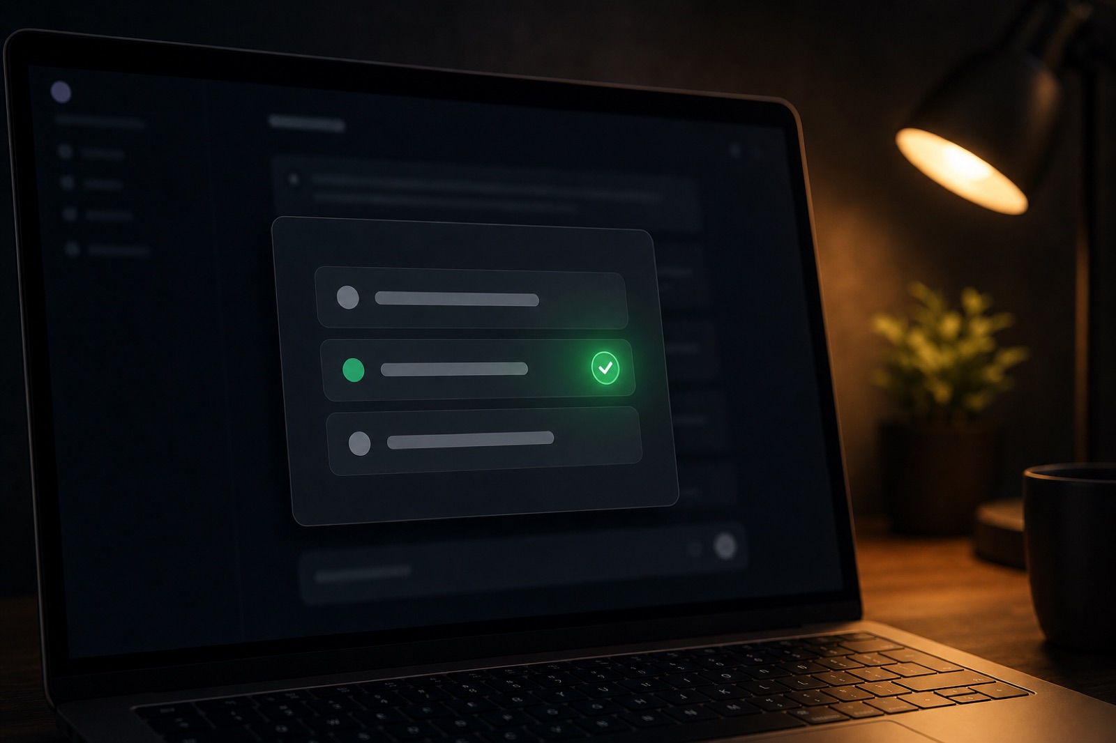 Painel de configurações com seletor de modelo com três opções e uma marca verde no modelo selecionado, cercado por uma interface de chat abstrata em ambiente escuro com luz quente