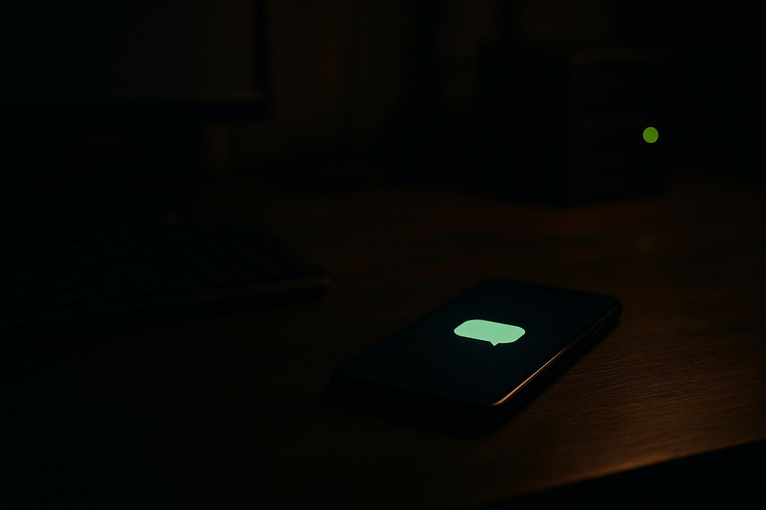 Escritorio de oficina en casa oscuro y de noche con un móvil que muestra un globo de chat verde de Telegram y una luz de servidor parpadeando tenuemente al fondo